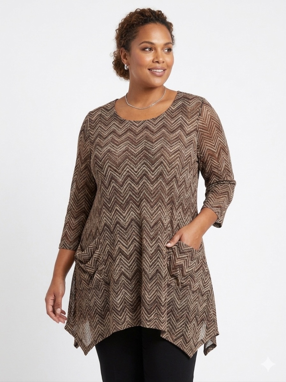 Evans NWOT Brown Chevron Knit Tunic Asymmetrical Pockets Stretchy Comfy
